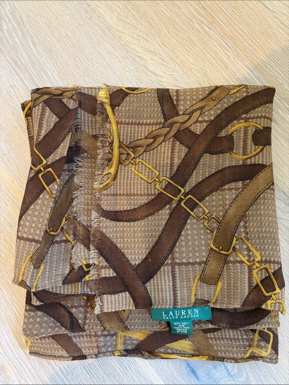 Vintage Wool Lauren Ralph Lauren Brown and Gold Sheer Printed Scarf